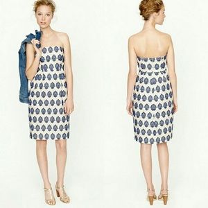 J. Crew Filigree-Embroidered Strapless Dress Ivory with Blue Embrodery